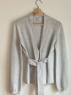 Brunello Cucinelli L Linen Blend Silk Sequin Belted Open Front Cardigan Italy